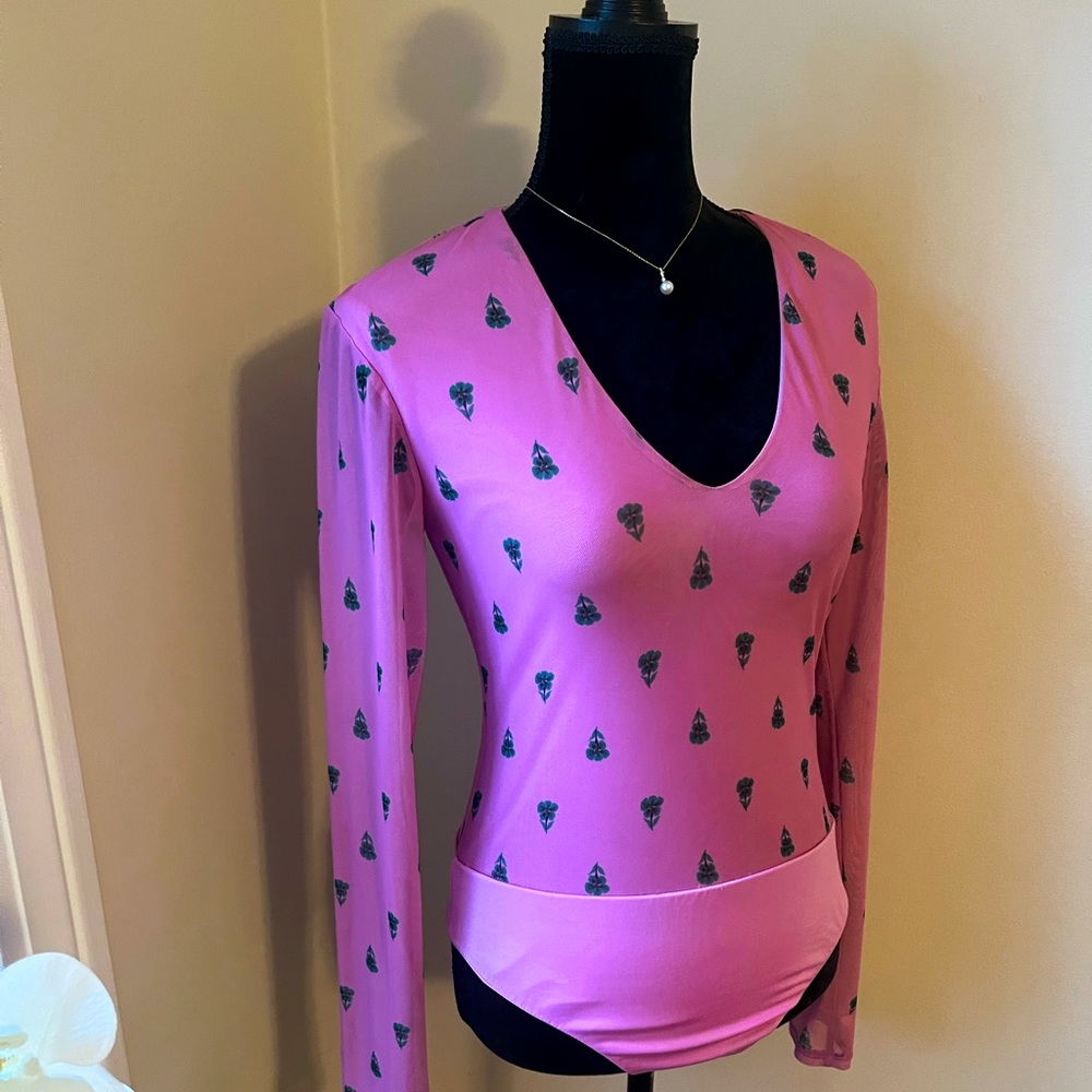 Pink preppy patterned long sleeve v-neck body suit
